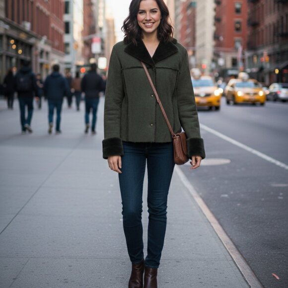 Jones New York Olive Green Dyed Lamb Suede Shearling Coat Jacket Outerwear - Picture 1 of 6